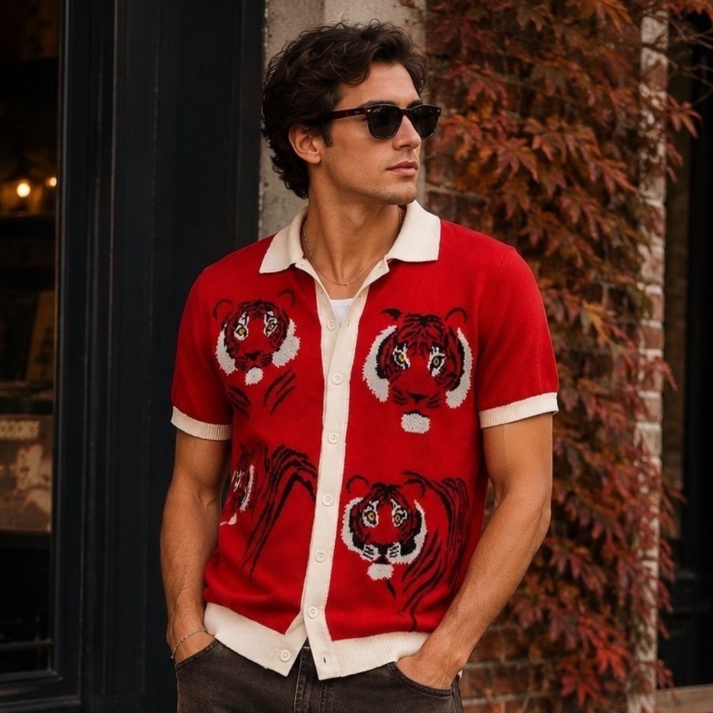 OXKNIT Tiger Red Button Down Shirt Retro Preppy Blokecore Polo Cardigan Sz M